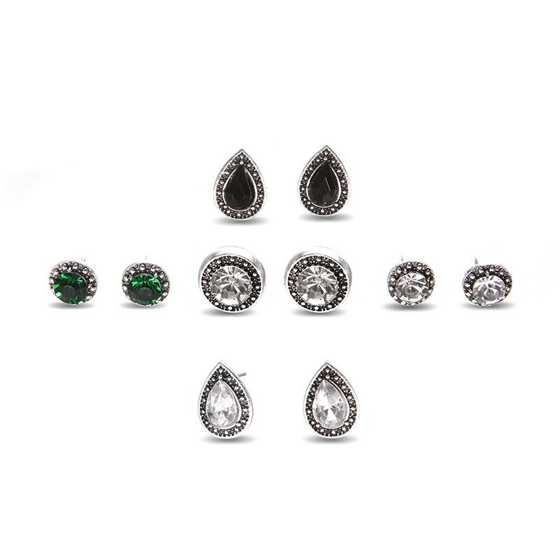 5pcs/set New Trendy Black Gemstone Fringe Crystal Minimalist  Retro Earrings
