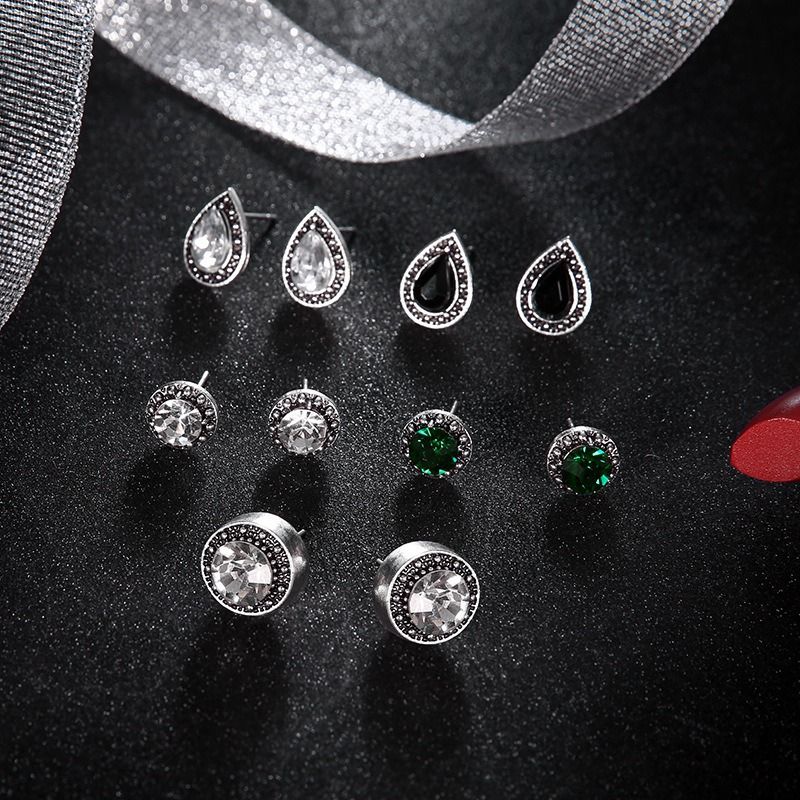 5pcs/set New Trendy Black Gemstone Fringe Crystal Minimalist  Retro Earrings