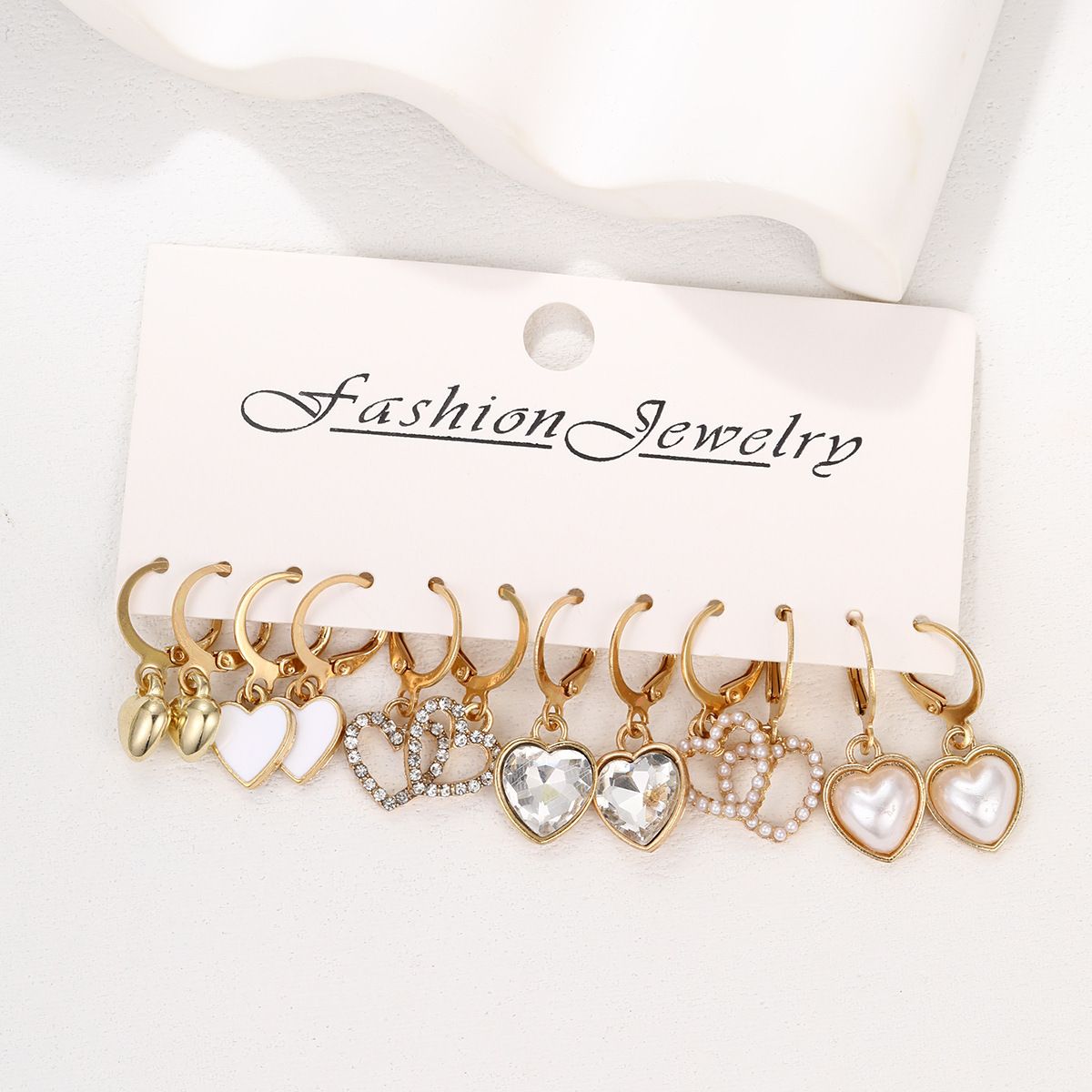 12pcs/set Fashionable Heart Pendant Earrings, Light Luxury High-End Feeling Diamond Pearl Earrings