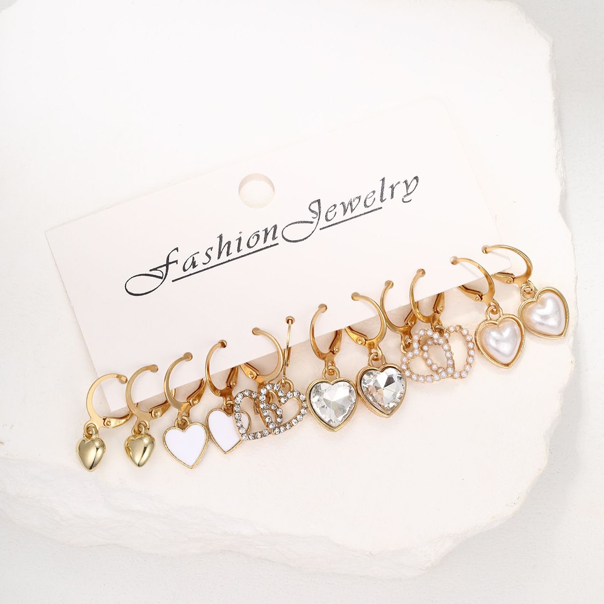 12pcs/set Fashionable Heart Pendant Earrings, Light Luxury High-End Feeling Diamond Pearl Earrings