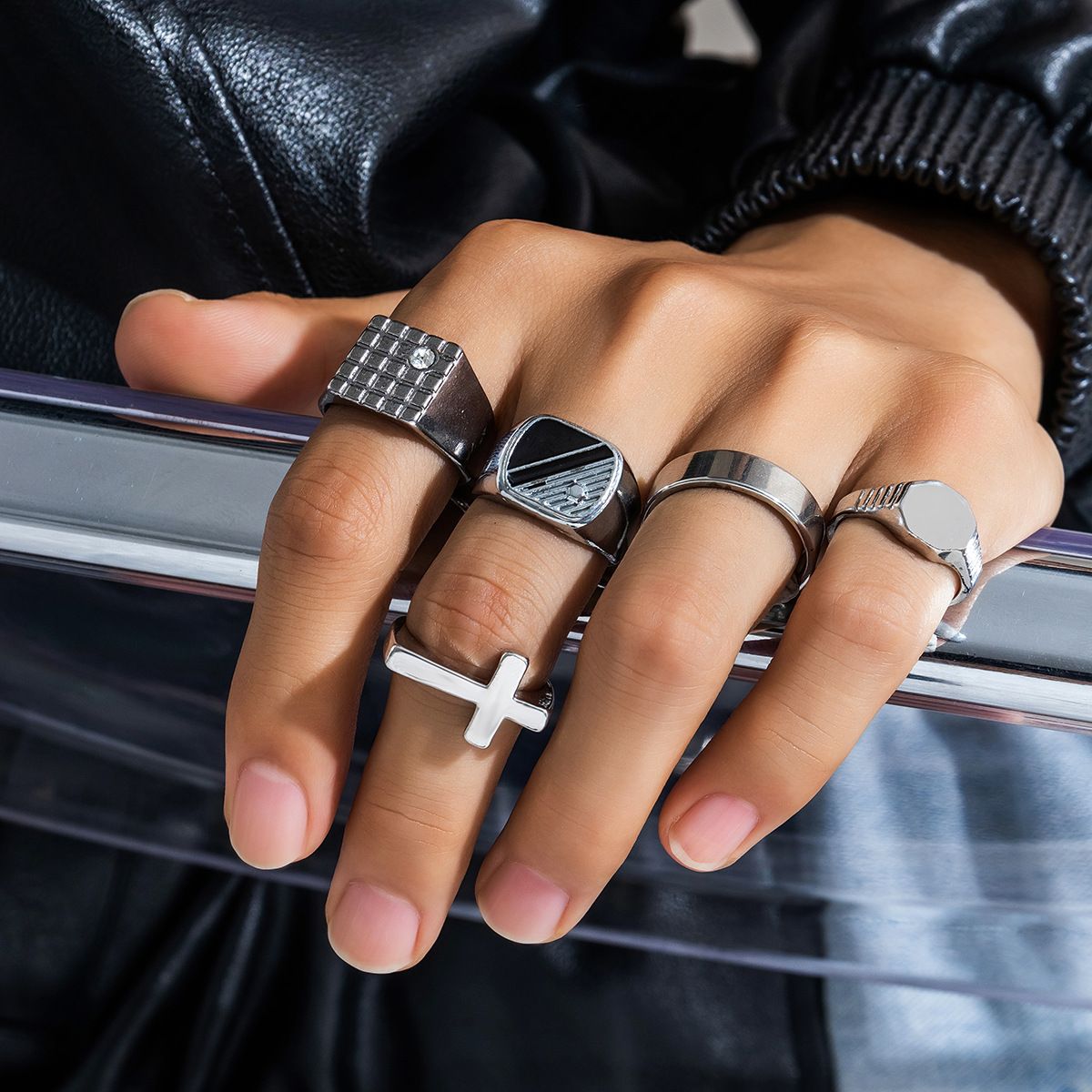 5pcs/set Diamond-studded Square Minority Retro Fashion Personalized Titanium Steel Men  Rings
