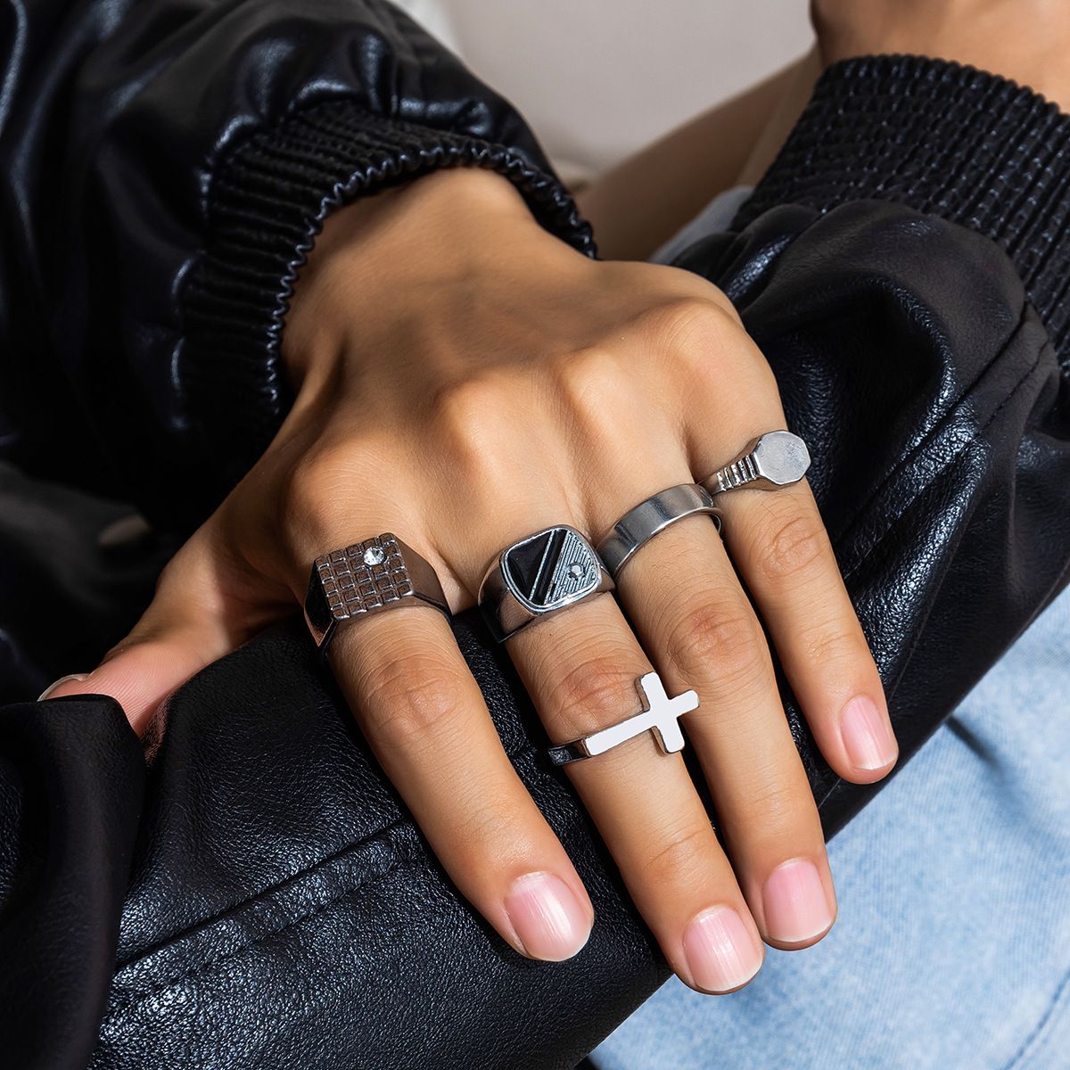 5pcs/set Diamond-studded Square Minority Retro Fashion Personalized Titanium Steel Men  Rings