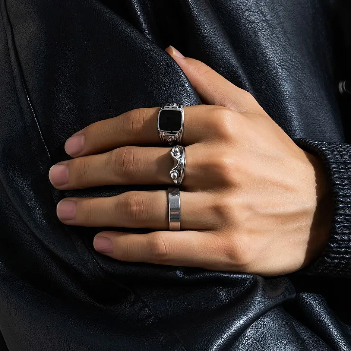 3 Pcs/set Fashionable and Personalized Frog Rings for Men Trendy High-End Simple Square Single Index Finger Rings