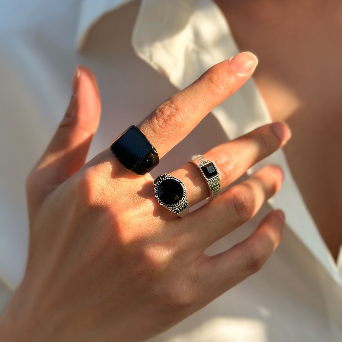 3Pcs/set Men Black Gemstone Ring, Trendy Fashionable Personalized Vintage High-End Sense Men Rings Set