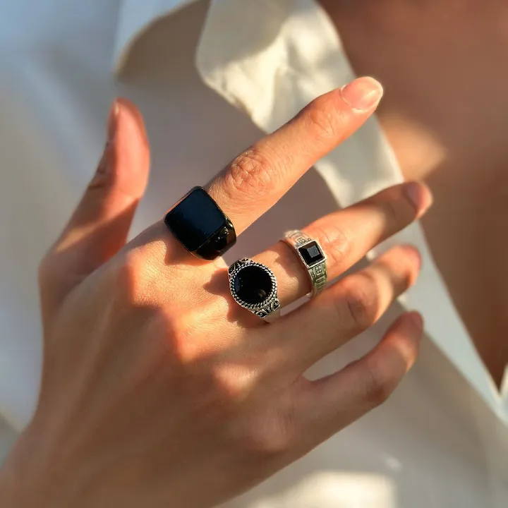 3Pcs/set Men Black Gemstone Ring, Trendy Fashionable Personalized Vintage High-End Sense Men Rings Set