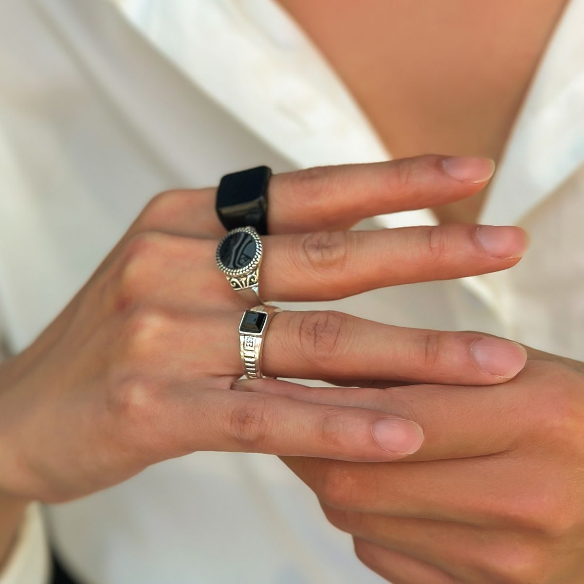 3Pcs/set Men Black Gemstone Ring, Trendy Fashionable Personalized Vintage High-End Sense Men Rings Set