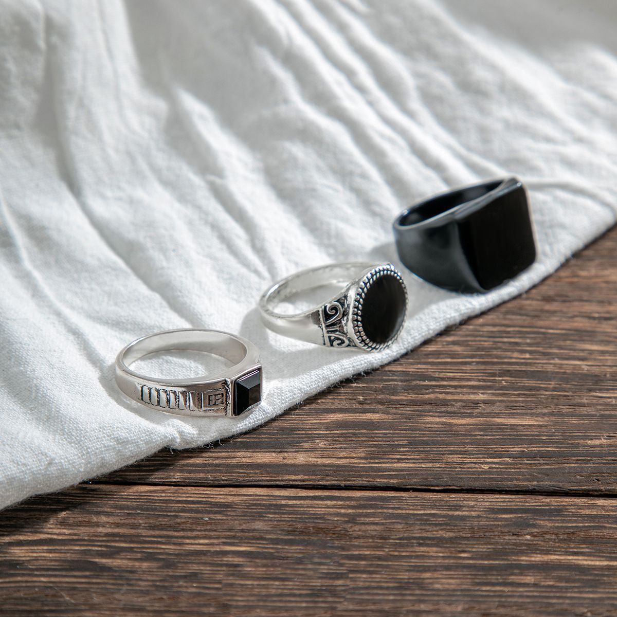 3Pcs/set Men Black Gemstone Ring, Trendy Fashionable Personalized Vintage High-End Sense Men Rings Set