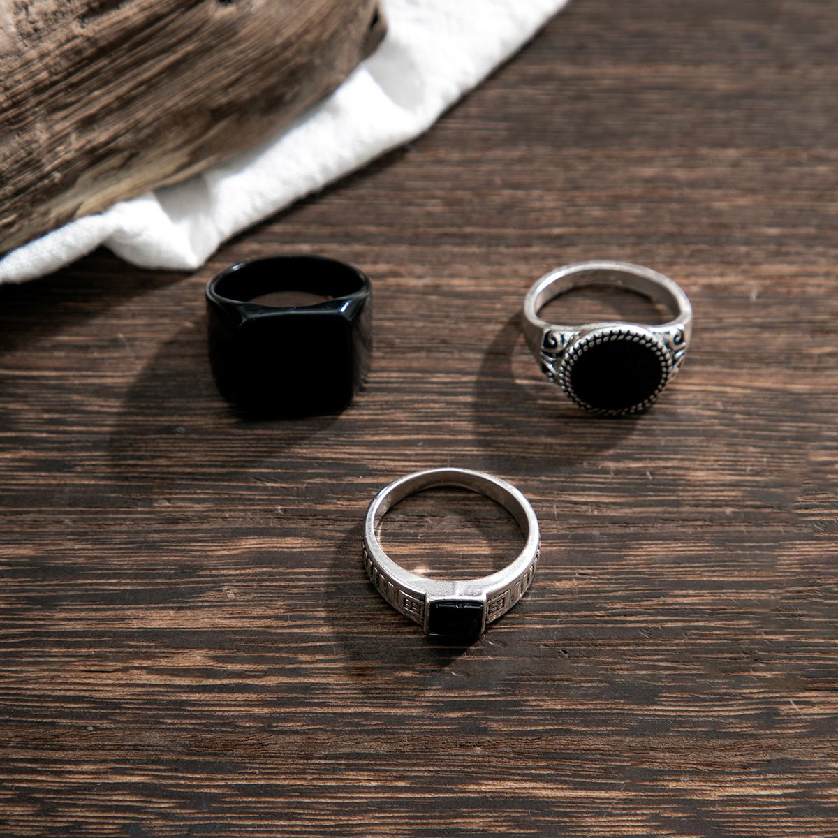3Pcs/set Men Black Gemstone Ring, Trendy Fashionable Personalized Vintage High-End Sense Men Rings Set