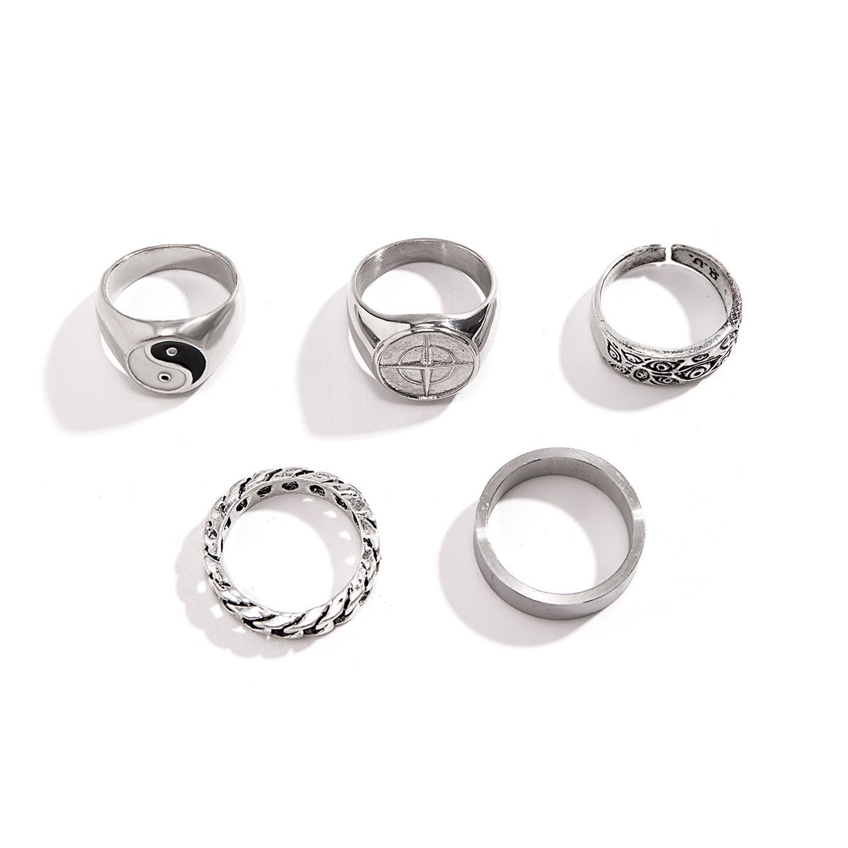 5pcs/set Hip-hop Niche Tai Chi Pattern Trendy Fashion Personalized Men's Ring Retro Chain Rings Sets