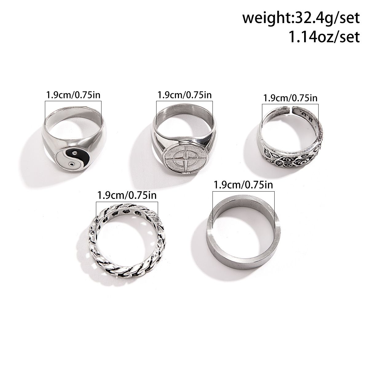 5pcs/set Hip-hop Niche Tai Chi Pattern Trendy Fashion Personalized Men's Ring Retro Chain Rings Sets