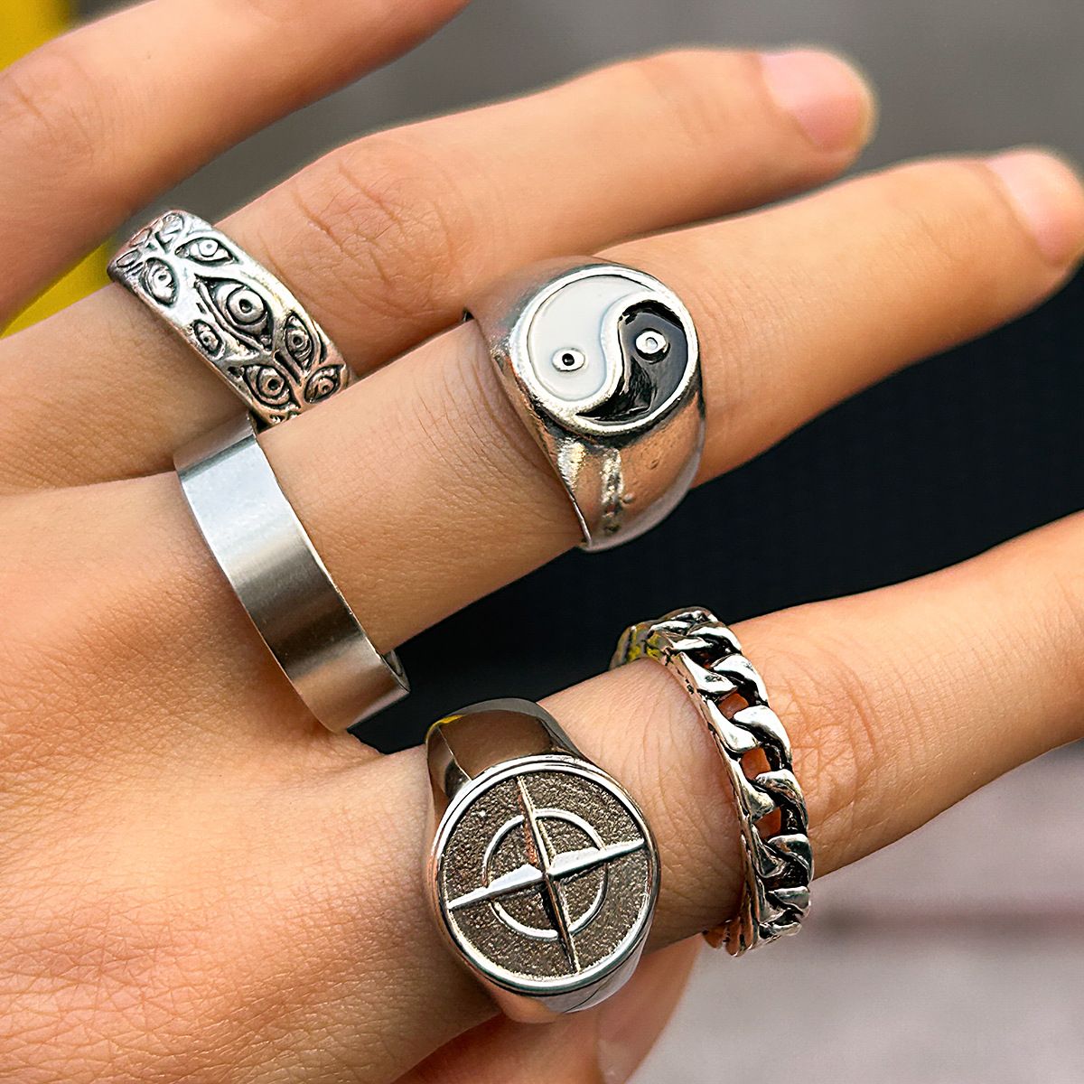 5pcs/set Hip-hop Niche Tai Chi Pattern Trendy Fashion Personalized Men's Ring Retro Chain Rings Sets