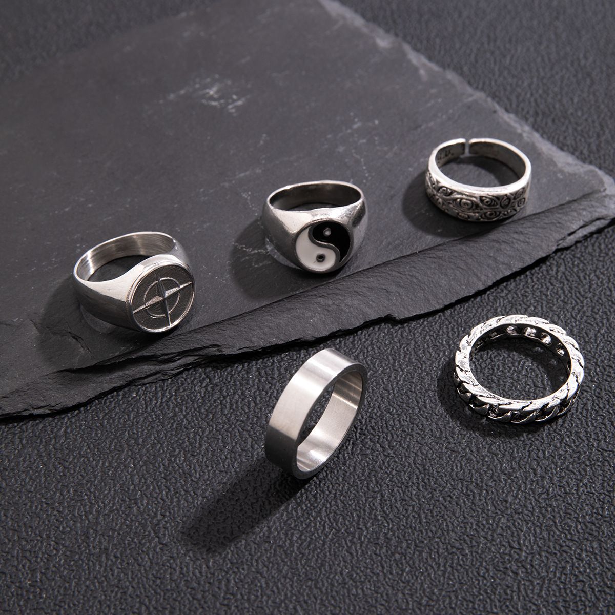5pcs/set Hip-hop Niche Tai Chi Pattern Trendy Fashion Personalized Men's Ring Retro Chain Rings Sets