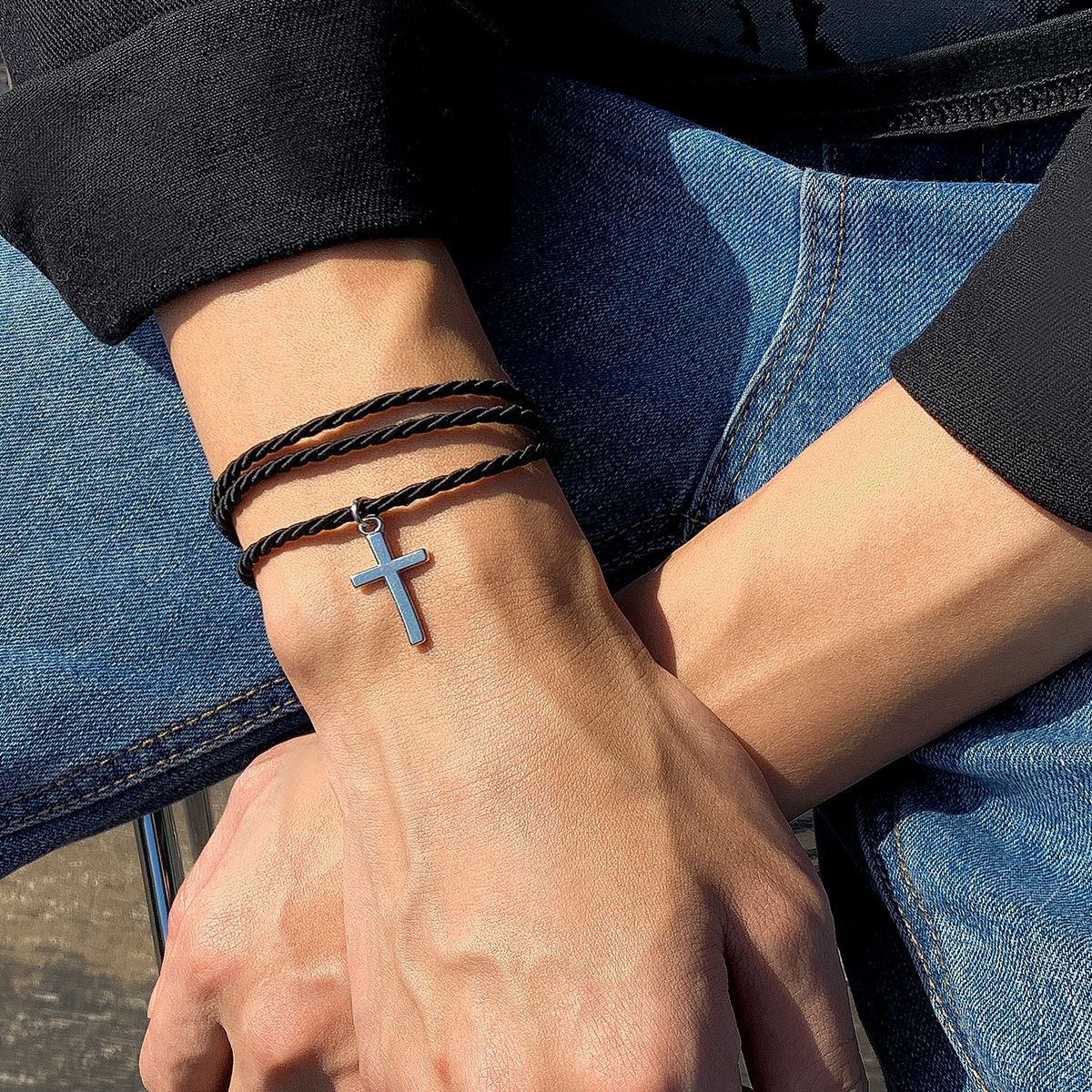 Men Multi-Layer Woven Cross Bracelet, European and American Fashionable Personalized Black Bracelets