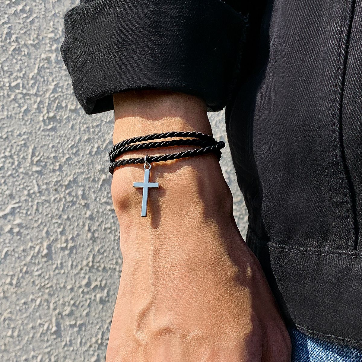 Men Multi-Layer Woven Cross Bracelet, European and American Fashionable Personalized Black Bracelets