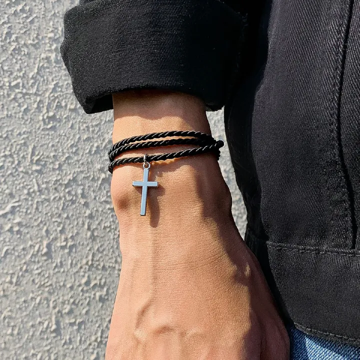 Men Multi-Layer Woven Cross Bracelet, European and American Fashionable Personalized Black Bracelets