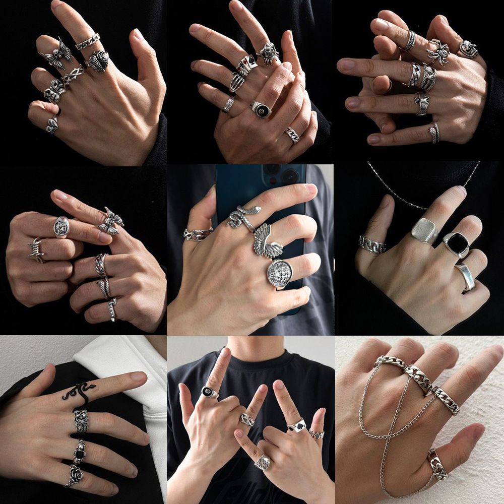 9styles Men's Retro Hip-Hop Ring Set Frog Snake Skull Cool Punk Gothic Spider Combo Rings