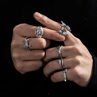 9styles Men's Retro Hip-Hop Ring Set Frog Snake Skull Cool Punk Gothic Spider Combo Rings