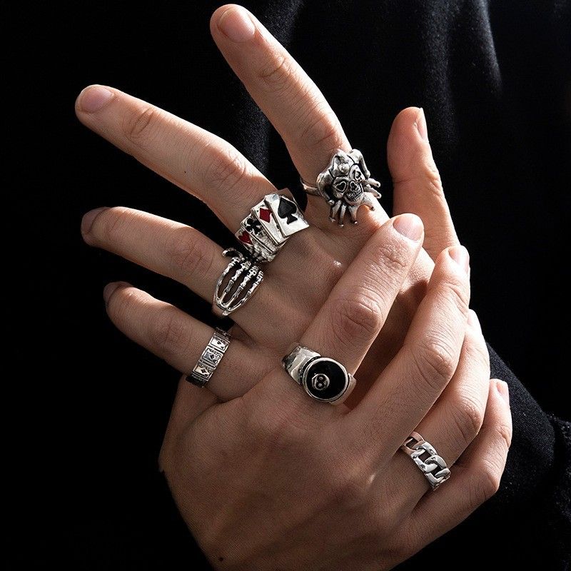 9styles Men's Retro Hip-Hop Ring Set Frog Snake Skull Cool Punk Gothic Spider Combo Rings