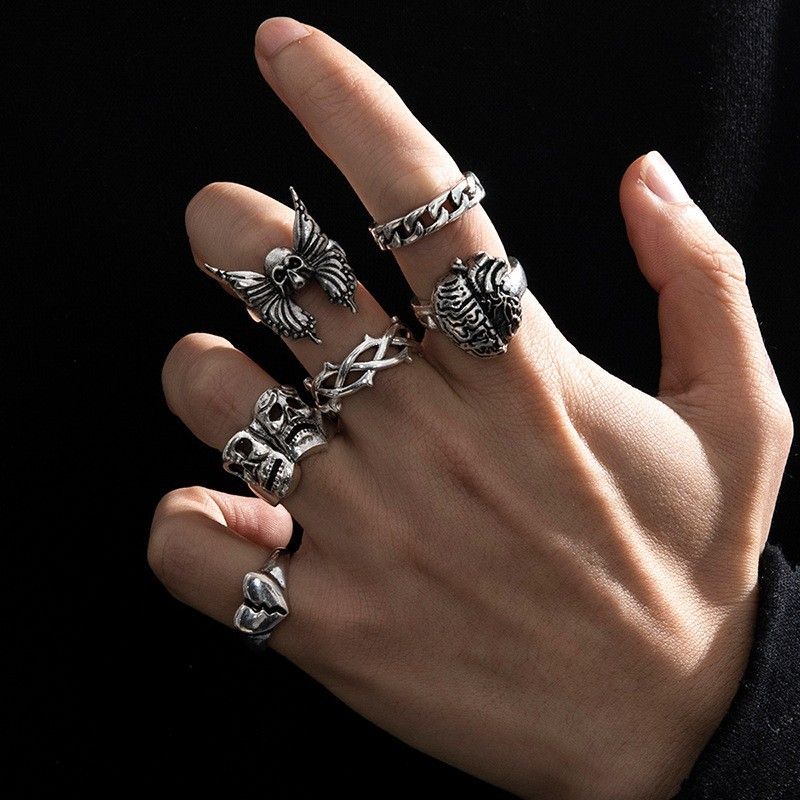 9styles Men's Retro Hip-Hop Ring Set Frog Snake Skull Cool Punk Gothic Spider Combo Rings
