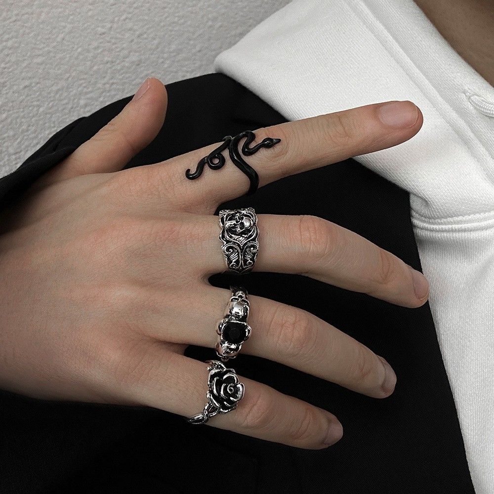 9styles Men's Retro Hip-Hop Ring Set Frog Snake Skull Cool Punk Gothic Spider Combo Rings