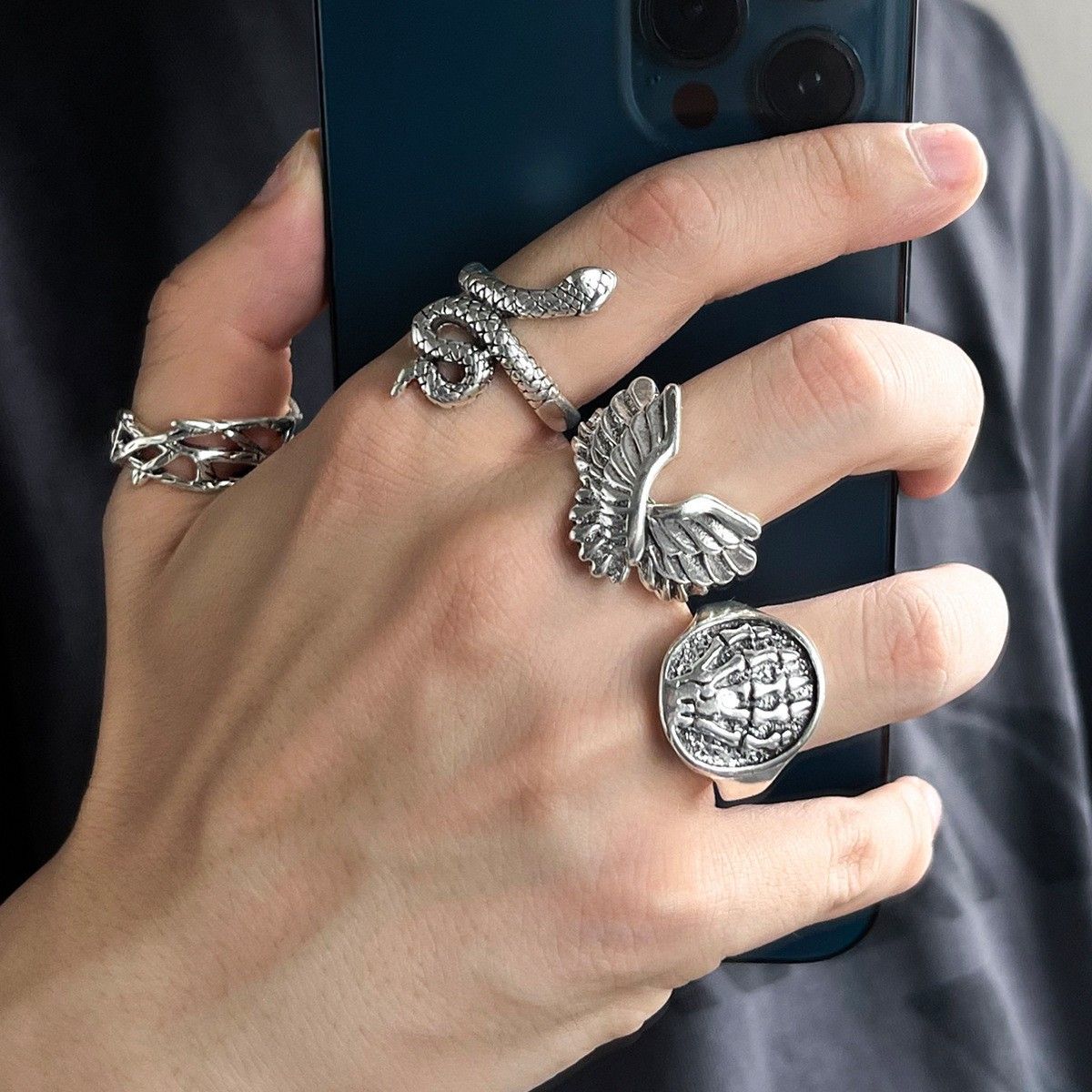 9styles Men's Retro Hip-Hop Ring Set Frog Snake Skull Cool Punk Gothic Spider Combo Rings