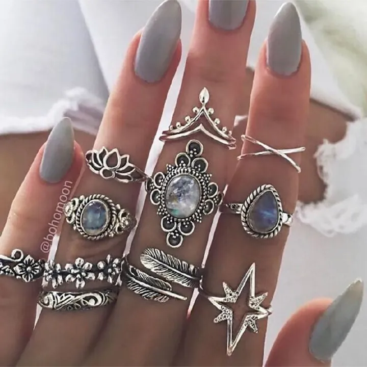 11Pcs Hot sell  Retro Style Diamond Carved Ring