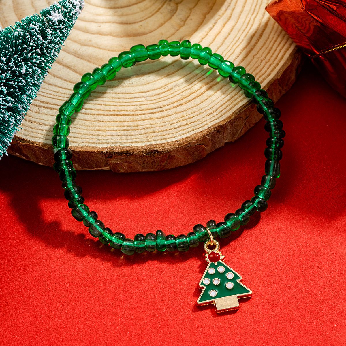 Alloy Christmas Tree Pendant with Miyuki Beads Elastic Women's Bracelet Suitable for Christmas Gift Parties mix color