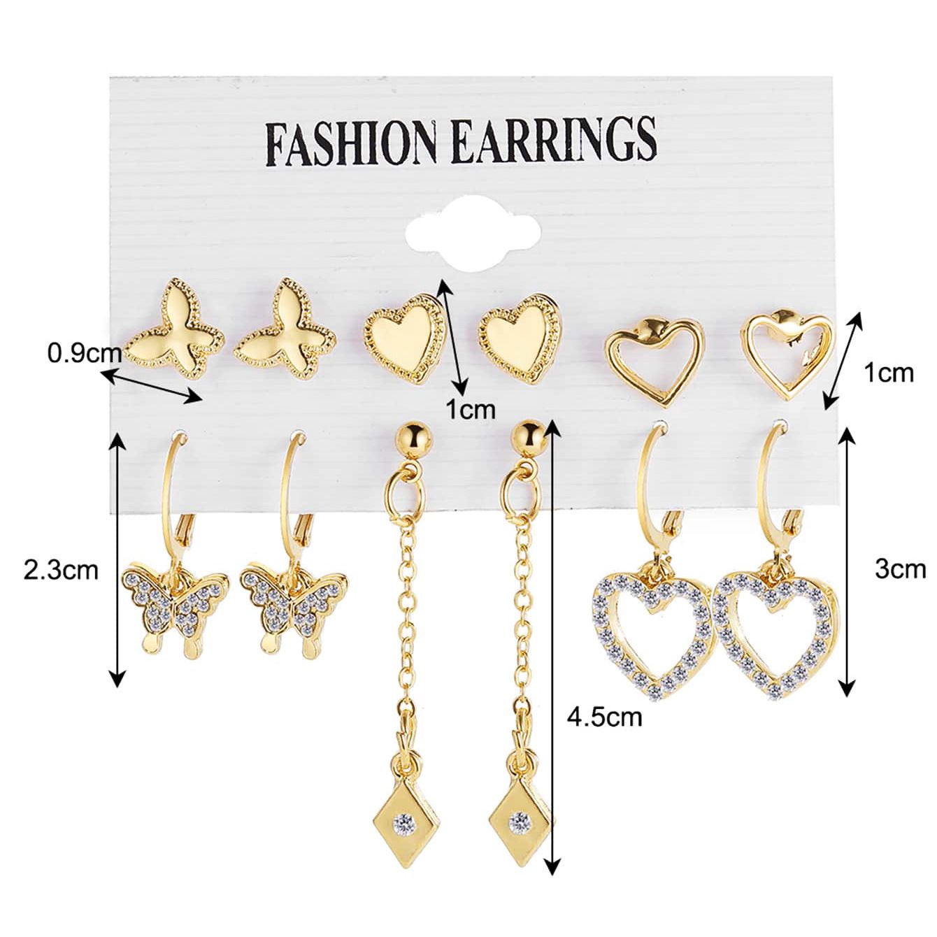 6Pcs Retro Metal Heart-Shaped Diamond Butterfly Openwork Love Earring Set