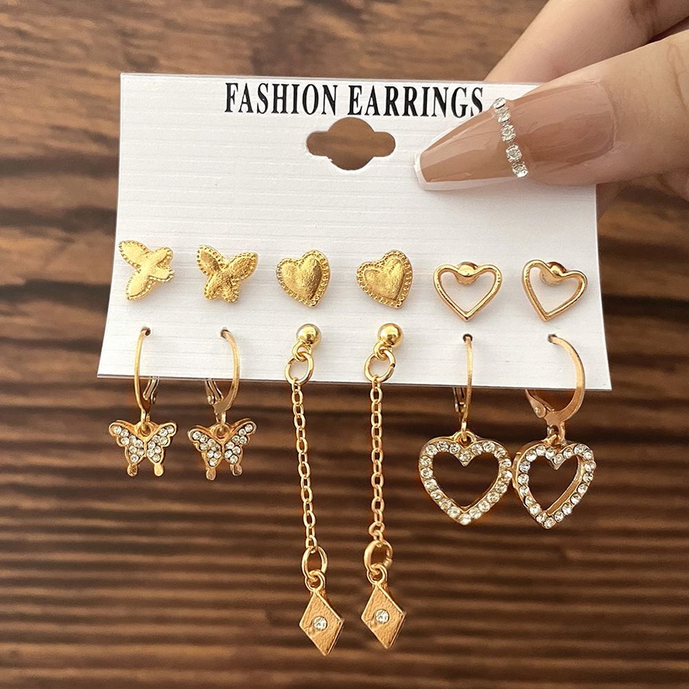 6Pcs Retro Metal Heart-Shaped Diamond Butterfly Openwork Love Earring Set