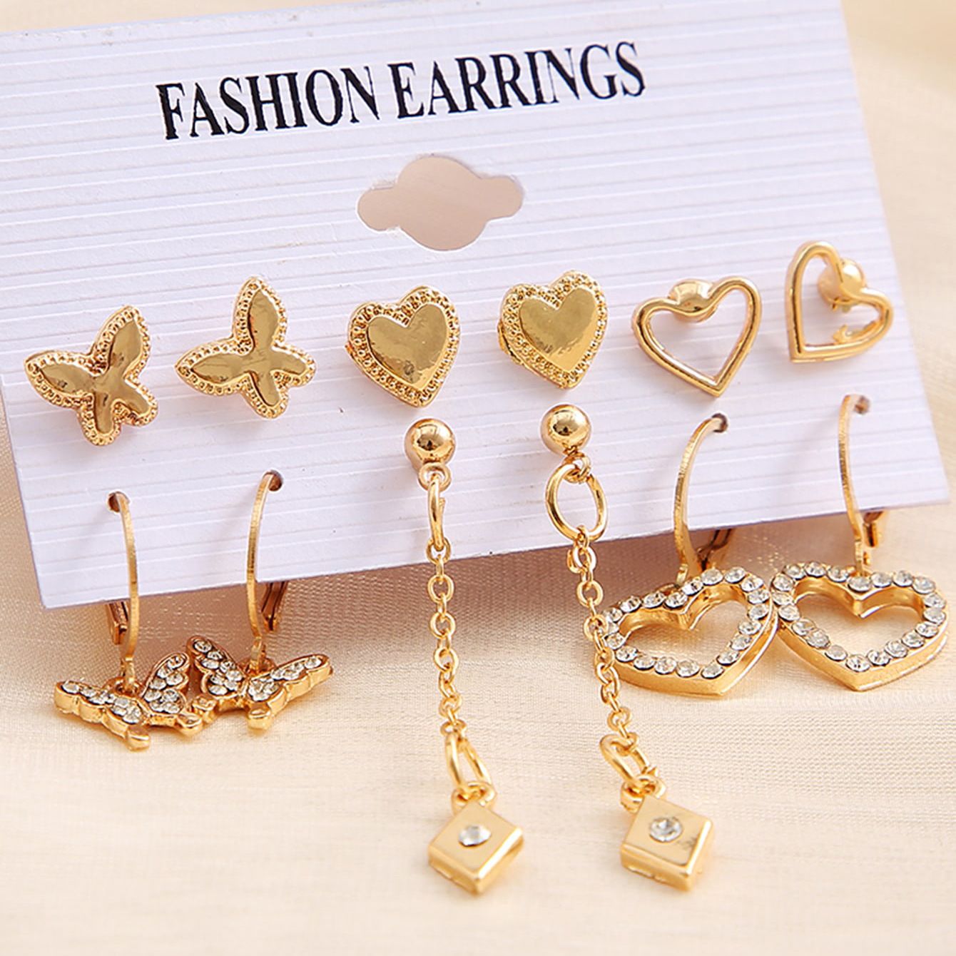 6Pcs Retro Metal Heart-Shaped Diamond Butterfly Openwork Love Earring Set