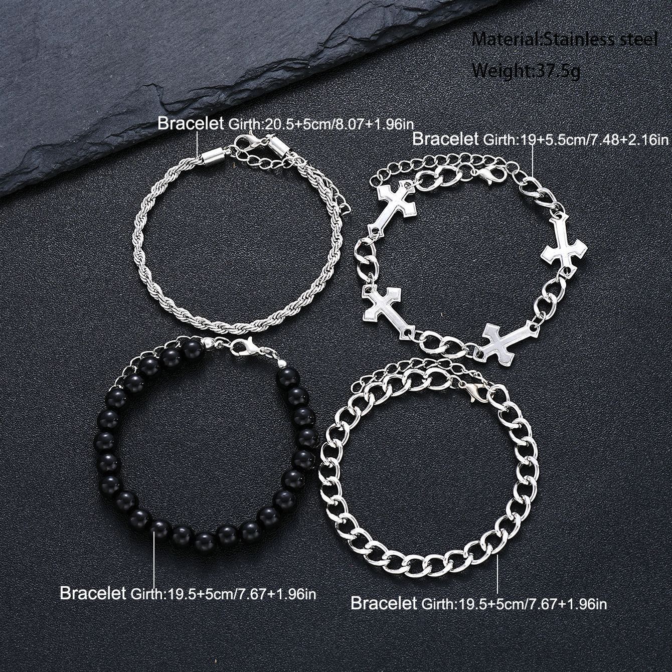 4Pcs Light Luxury High-End Feeling Dark Series Stainless Steel Cross Beaded Braceletd