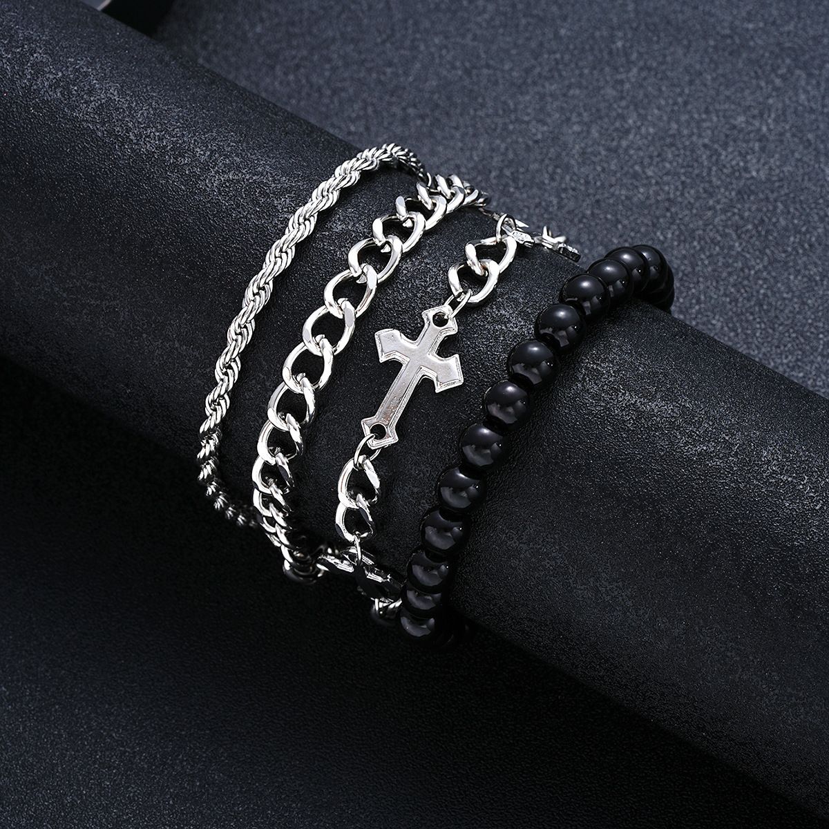 4Pcs Light Luxury High-End Feeling Dark Series Stainless Steel Cross Beaded Braceletd