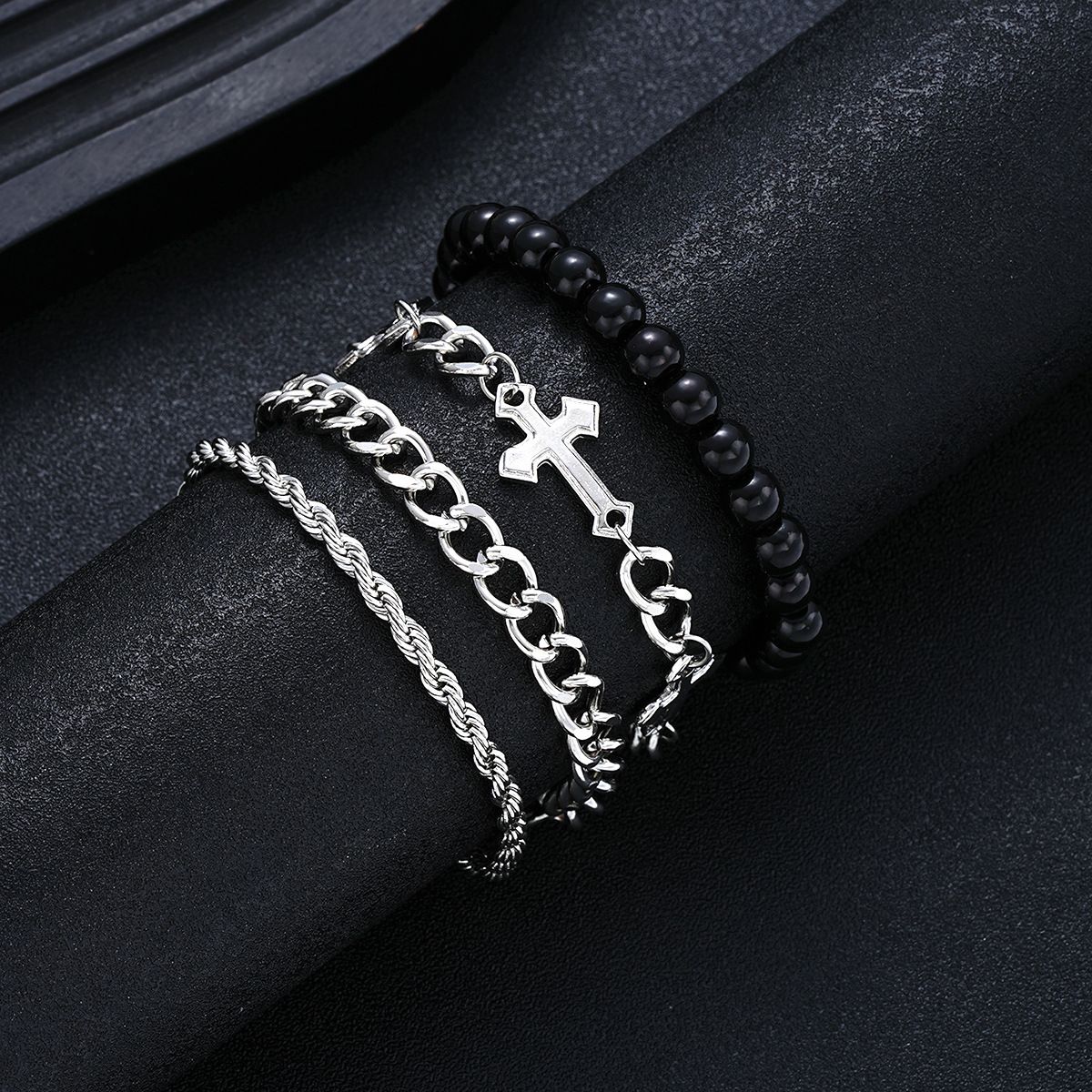 4Pcs Light Luxury High-End Feeling Dark Series Stainless Steel Cross Beaded Braceletd