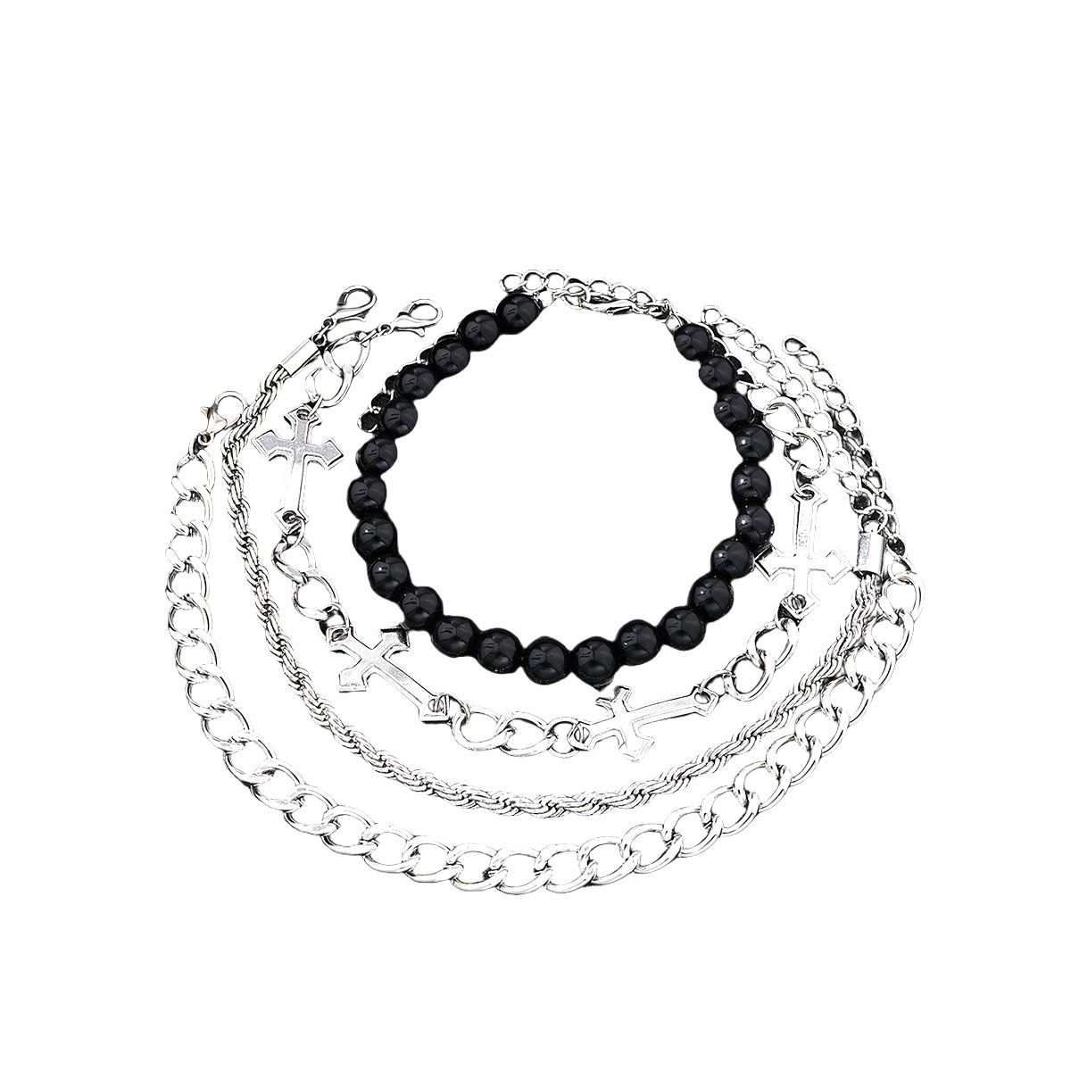 4Pcs Light Luxury High-End Feeling Dark Series Stainless Steel Cross Beaded Braceletd