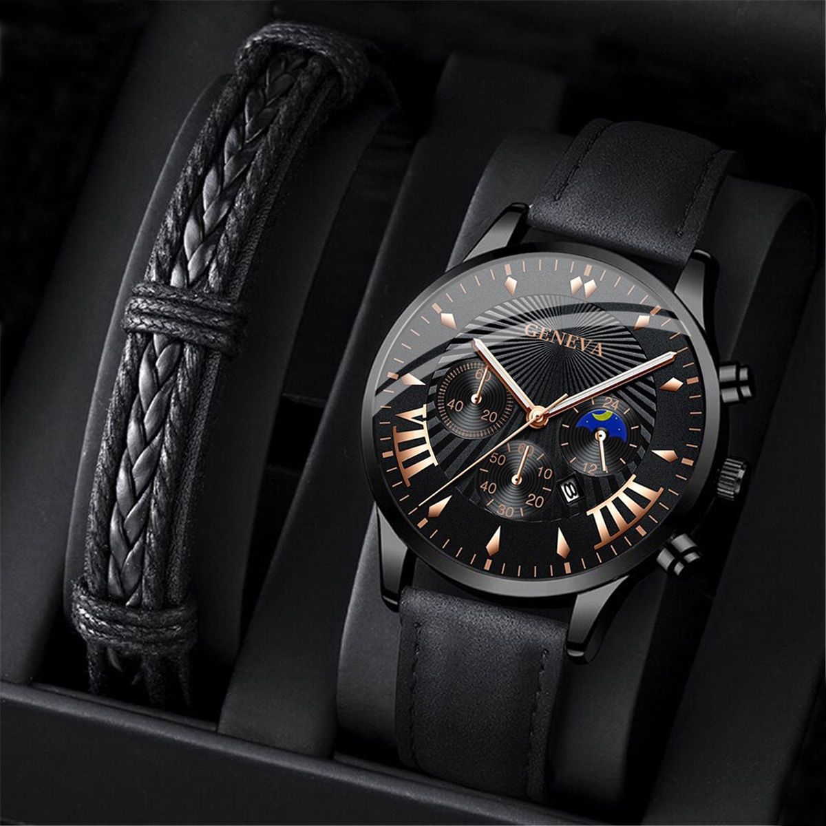 2Pcs New Simple Casual Creative Leather Bracelet Set Fashion Trend Men's Quartz Leather Strap Watch