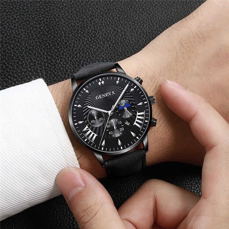 2Pcs New Simple Casual Creative Leather Bracelet Set Fashion Trend Men's Quartz Leather Strap Watch