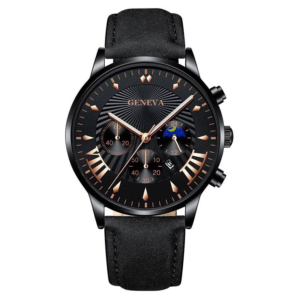2Pcs New Simple Casual Creative Leather Bracelet Set Fashion Trend Men's Quartz Leather Strap Watch