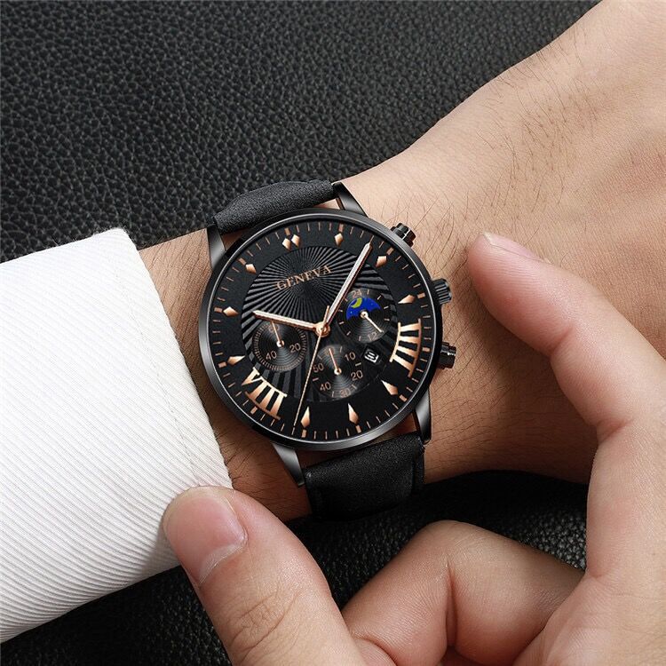 2Pcs New Simple Casual Creative Leather Bracelet Set Fashion Trend Men's Quartz Leather Strap Watch