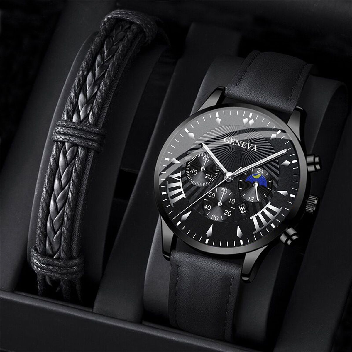 2Pcs New Simple Casual Creative Leather Bracelet Set Fashion Trend Men's Quartz Leather Strap Watch
