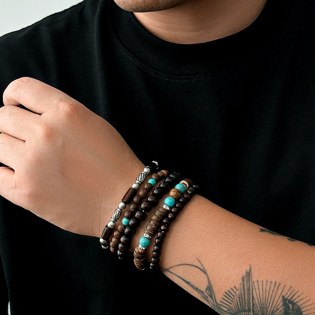 5Pcs Retro Layered Turquoise Wooden Beads Hip-Hop String Bracelet for Men
