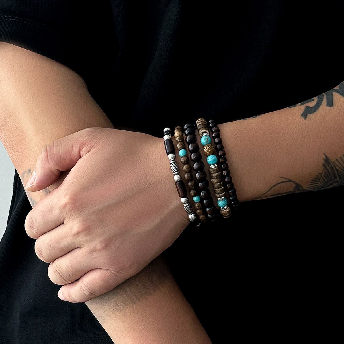 5Pcs Retro Layered Turquoise Wooden Beads Hip-Hop String Bracelet for Men