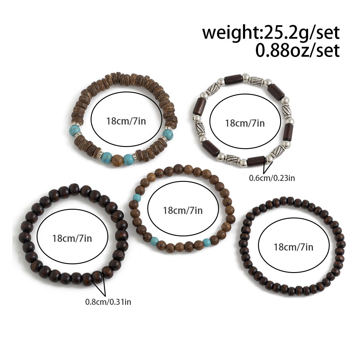 5Pcs Retro Layered Turquoise Wooden Beads Hip-Hop String Bracelet for Men