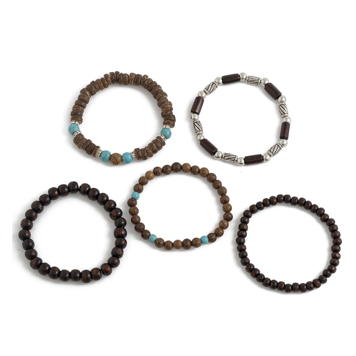 5Pcs Retro Layered Turquoise Wooden Beads Hip-Hop String Bracelet for Men