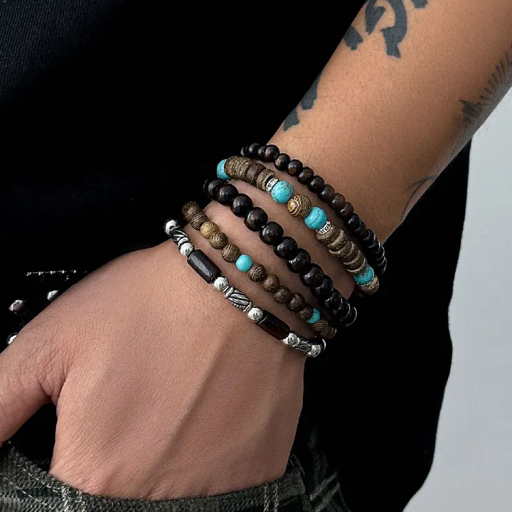 5Pcs Retro Layered Turquoise Wooden Beads Hip-Hop String Bracelet for Men