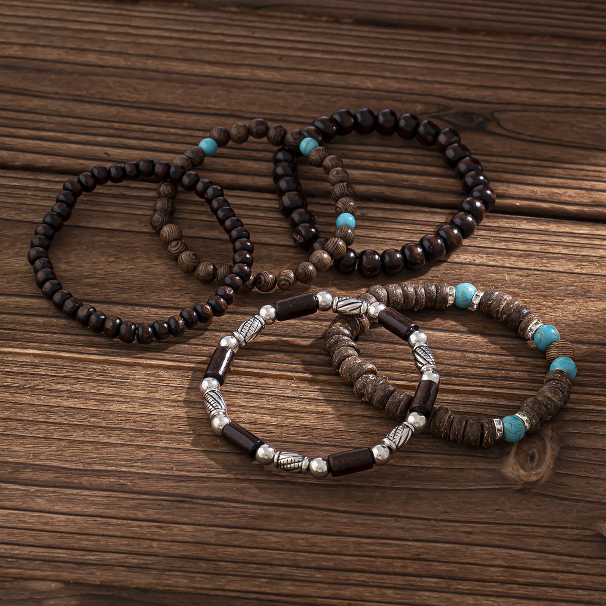 5Pcs Retro Layered Turquoise Wooden Beads Hip-Hop String Bracelet for Men