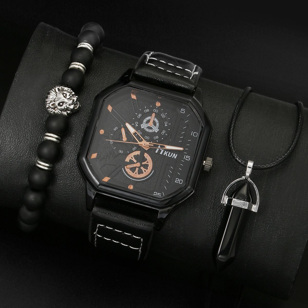 3Pcs New Fashion Double Layer Square Shell Leather Belt Men's Sports Casual Personalized Bracelet Quartz Watch Set