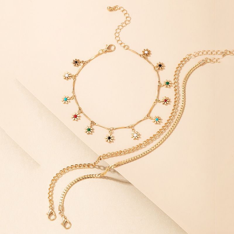 3Pcs New Colorful Flower Pendant and Golden Anklet Set
