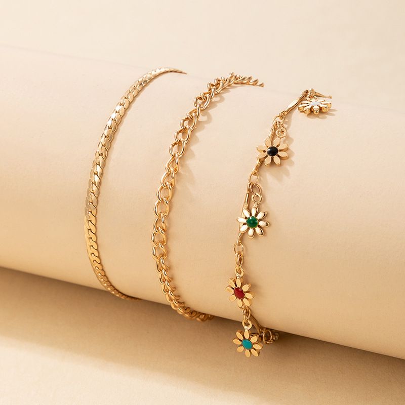 3Pcs New Colorful Flower Pendant and Golden Anklet Set