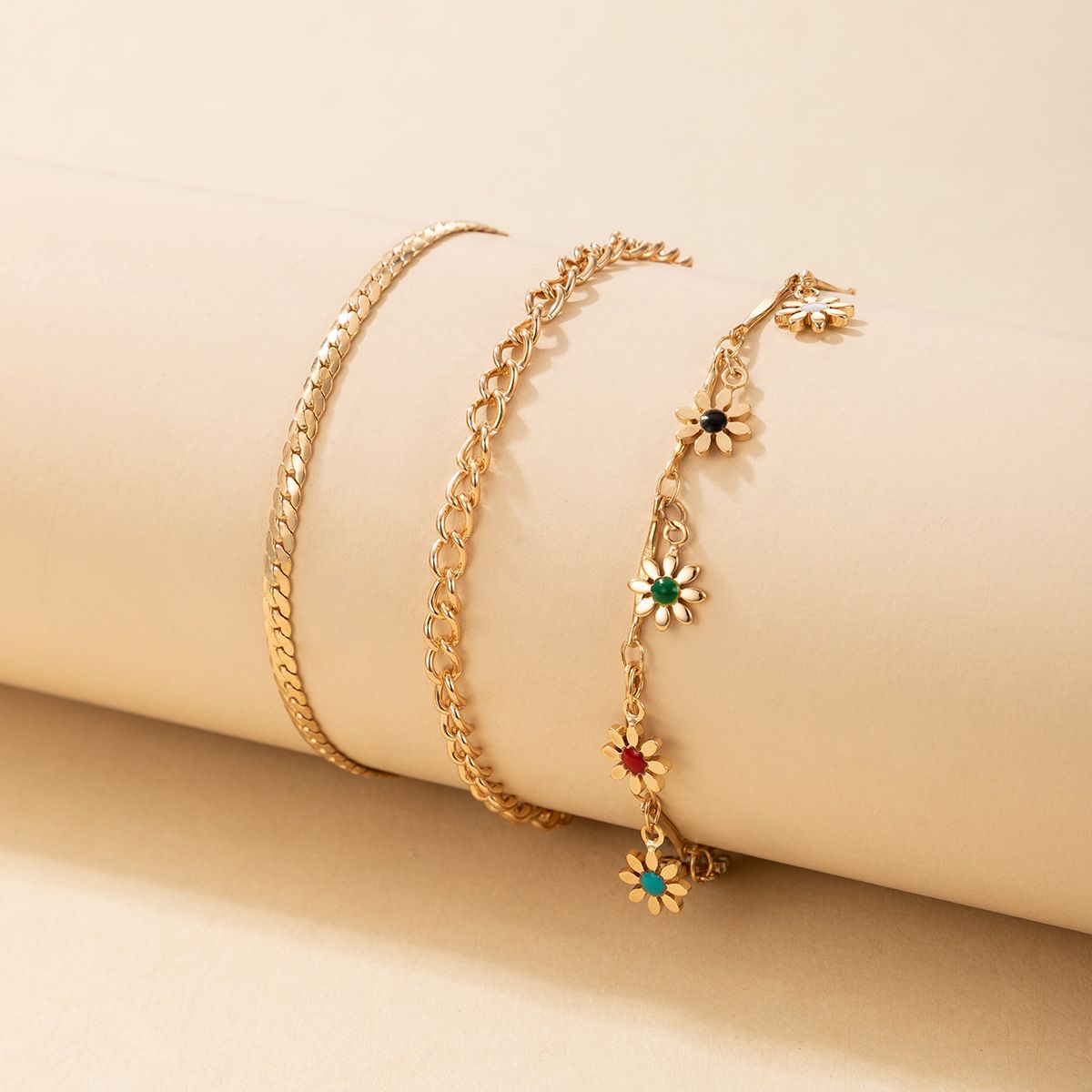 3Pcs New Colorful Flower Pendant and Golden Anklet Set