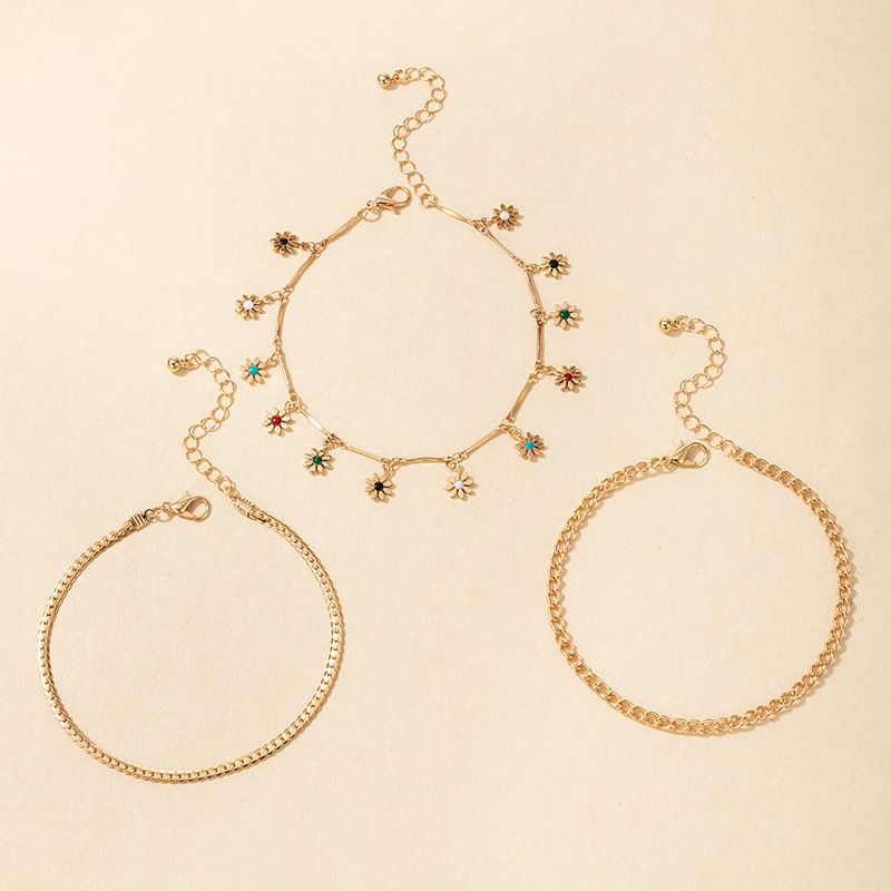 3Pcs New Colorful Flower Pendant and Golden Anklet Set